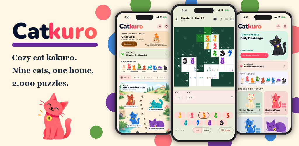 Catkuro feature graphic: the wordmark and three phones showing the journey map, a board mid-solve, and the Free Play tiers